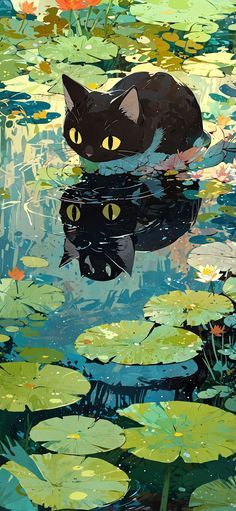 a painting of a black cat laying on top of water lilies in a pond