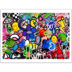 an abstract painting with lots of different colors and shapes on it's surface, including letters