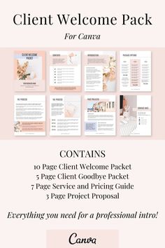 the client welcome pack is shown in pink and white, with an image of flowers on it