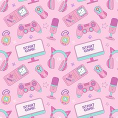 a pink wallpaper with video game related items and text that reads, start game