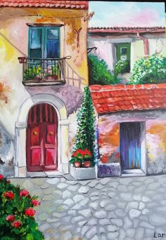 an oil painting of a house with red doors and flowers on the windowsills