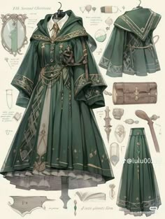 a paper doll is dressed in green with gold trimmings and an elaborate coat