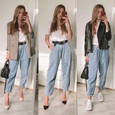 Paperbag Hose, Outfits Con Jeans, Casual Work Outfits Women, Style Parisienne, Look Office, Slouchy Jeans, Design Moda