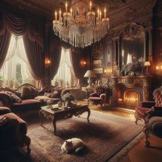 an ornate living room with chandelier, couches, and fireplace in it