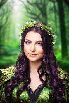 a woman with long purple hair wearing a green dress and wreath on her head in the woods