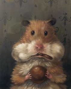 a painting of a hamster holding an acorn