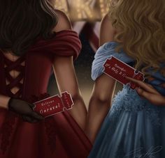 two women in dresses are holding red boxes with words on them that say i love you