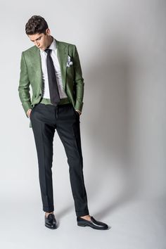 Musika Frère - VERSAILLES - Green/Black Dzhon Two button Peak Single Breasted Jacket with Contrasting Waistband Pant. Green Blazer Black Pants Men, Green Jacket Black Pants, Casual Groom, Green Pants Outfit, Casual Grooms, Mens Fasion, Shirt Outfit Men, Ties Mens Fashion, Manly Men