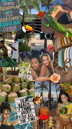 the collage has pictures of people and coconuts on it, including a sign that says