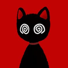 a black cat with big eyes on a red background