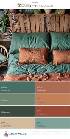 an image of a bed with green and brown colors on it's covers, pillows and