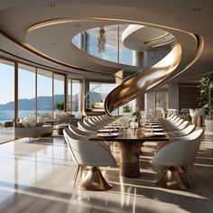 an elegant dining room with white chairs and large windows overlooking the ocean is pictured in this rendering