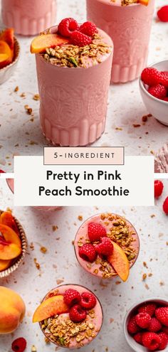 peach smoothie in pink cups with raspberries and granola on the side