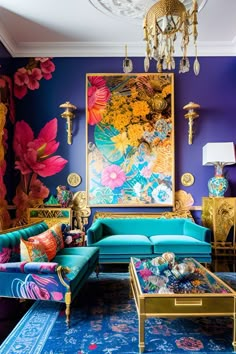 a living room with blue couches and colorful paintings on the wall behind them,