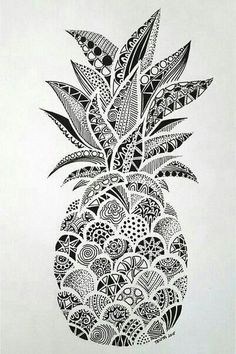 a black and white drawing of a pineapple with lots of leaves on it's back