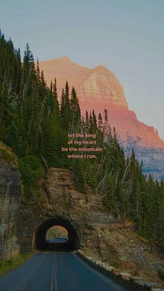 an image of a road going through a tunnel with trees on both sides and mountains in the background