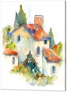 a watercolor painting of a white house with red roof