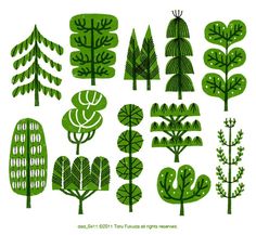 green trees and bushes are shown in this hand drawn illustration, with white paper on the bottom