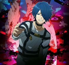 an anime character with blue hair pointing at something in front of him and holding his hand out