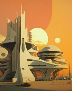 an image of a futuristic city in the sunset