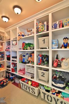 a room filled with lots of toys and shelves