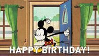 a cartoon mickey mouse with the words happy birthday written on it's front door