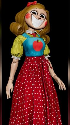 a creepy doll wearing a polka dot dress