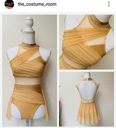 three pictures of a woman's body wearing a tan leotard and gold skirt