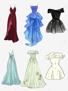 four dresses in different colors and sizes on a white background, fashion, dress, clothing png and psd