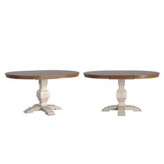 two wooden tables sitting next to each other