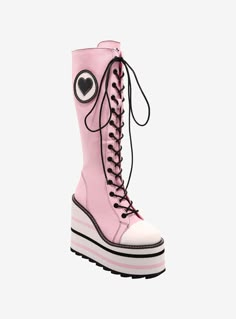 Stomp on some hearts with these dreamy platform boots on! They feature a pastel pink canvas upper with heart patches on the sides. Comes with back zipper closure and a striped platform heel. Listed in women's sizes. Pink Goth Clothes, Pastel Punk Fashion, Pink Chunky Platform Boots With Round Toe, Pastel Punk Outfits, Pink Punk Outfits, Platform Boots Pink, Fitted Pink Platform Boots, Platform Boots Hearts