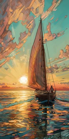 a painting of a sailboat in the ocean at sunset