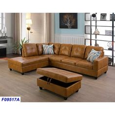 a brown leather sectional sofa and ottoman in a living room