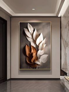 a large painting hanging on the wall in a room with marble flooring and walls