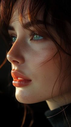 a close up of a woman's face with long hair and blue eyes looking to the side