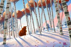 a painting of a bear in the middle of a snowy forest with trees and leaves