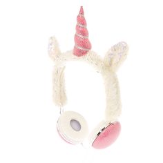 a white headphone with a pink unicorn horn on it's ear and a pair of headphones attached to the ears