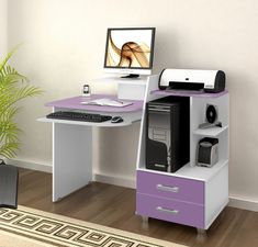 a computer desk with a printer on top of it next to a potted plant