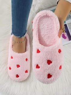 Pajama Slippers, Cute House Shoes, Valentines Shoes, Pink Fluffy Slippers, Heart Bedroom, Heart Slippers, Fluffy Bedroom, Fun Slippers, Pink Slippers