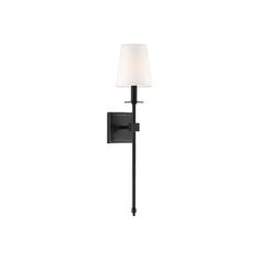 a wall mounted lamp with a white shade on it's side and a black arm