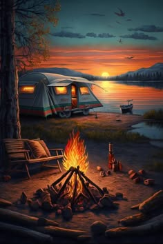 a painting of a camper parked next to a fire