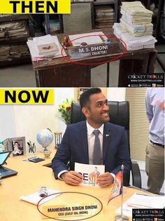 two pictures with the same man sitting at a desk in front of a pile of books