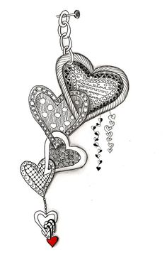 a drawing of two hearts hanging from a chain