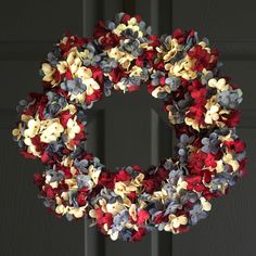 Red White Blue door Wreath for 4th of July Plant Pokes, Patriotic Flags, Blue Hydrangea Wreath, Summer Hydrangea, Red White Blue Wreath, Red White And Blue Wreath, American Flag Wreath, Flag Crafts, Flag Wreath