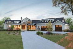 this is an artist's rendering of a house in the country style with two garages