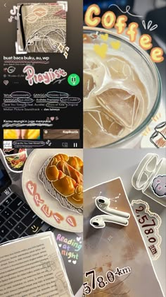 there is a collage of photos with coffee and food on it, including an open laptop computer