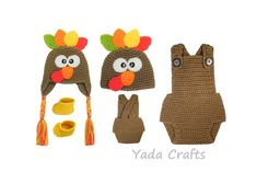 a crocheted turkey hat, mittens and booties are shown in three different sizes