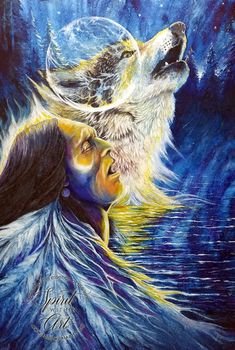 a painting of two people and a wolf in the water with their heads touching each other