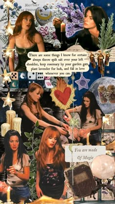 the collage has many different pictures and words on it, including two women in black dresses