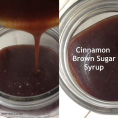 two pictures showing the process of making cinnamon brown sugar syrup